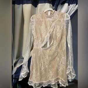 Nude Sheer Lace Cut Out Flared Sleeve Bodycon Dres by PLT